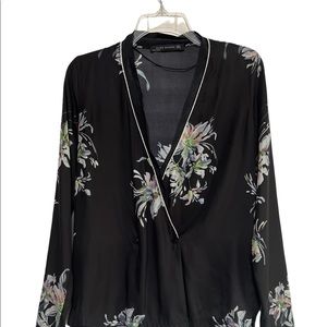 Zara Woman Black Floral Silky Long sleeve Top